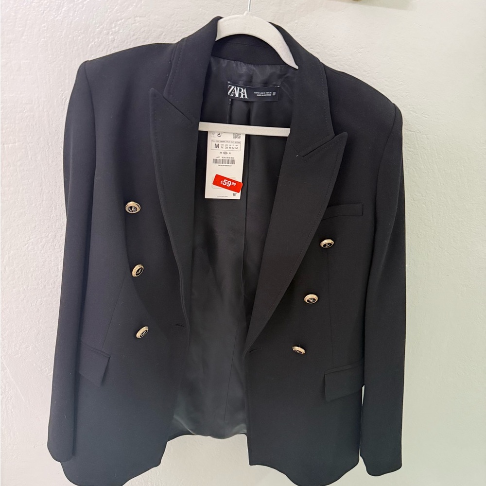 NWT Zara Black Jersey blazer with Gold Accents